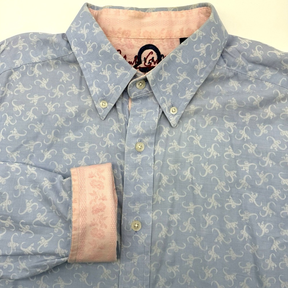 Robert Graham Button Down Mens L Blue Monkey Business Print Cotton Long Sleeve